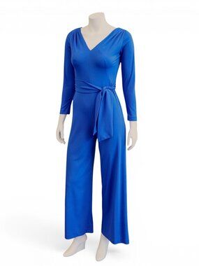 Vintage 1970s Cobalt Blue Wide Leg Jumpsuit w/ Waist Tie * S/M